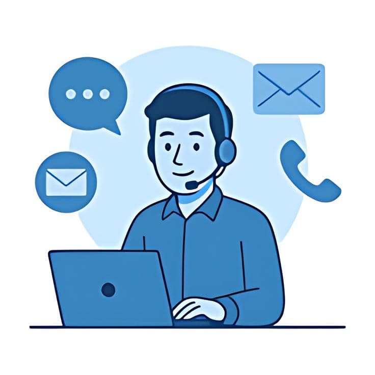 Illustration of a call centre agent at a computer connecting a caller