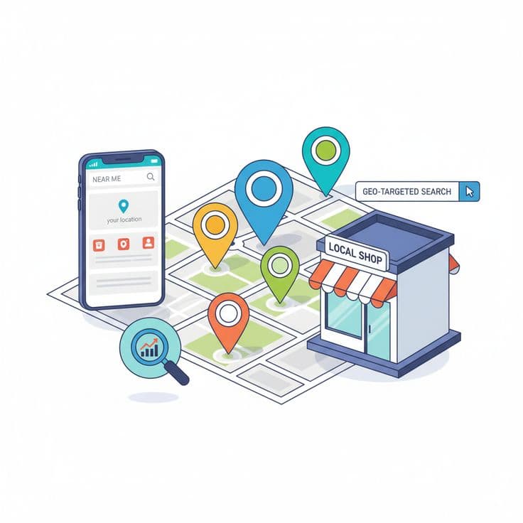 Illustration of a local shop pinned on a map with a geo-targeted search on a phone