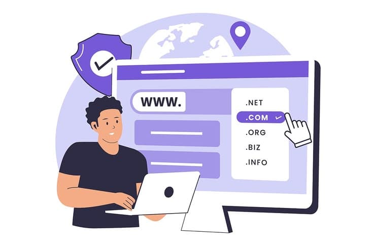 Illustration of a person registering a domain name on a laptop