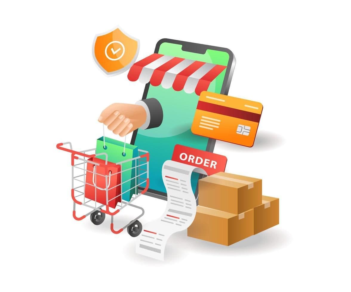 Illustration of a phone storefront with a shopping cart, order receipt, and payment card