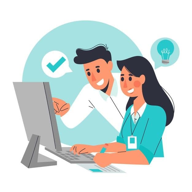 Illustration of two colleagues reviewing results together at a computer