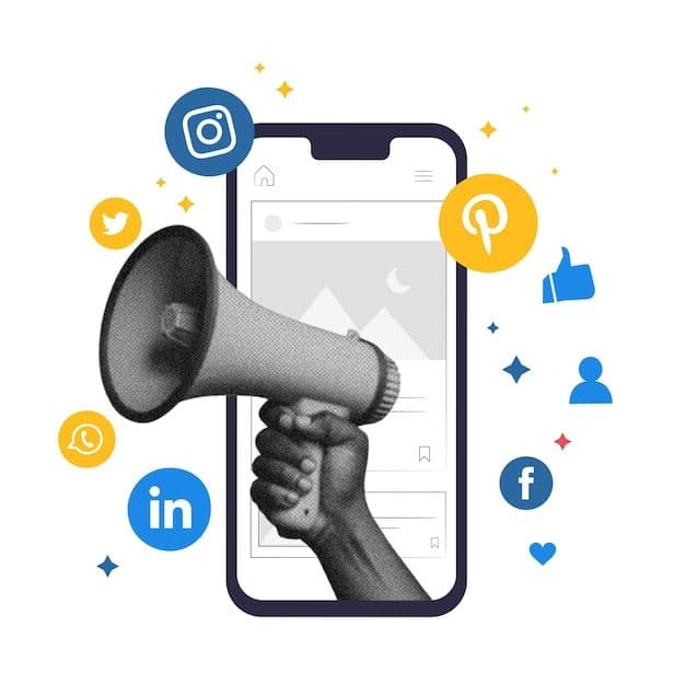 Illustration of a megaphone in front of a phone surrounded by social media icons