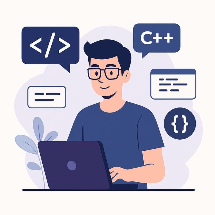 Illustration of a developer building a website on a laptop